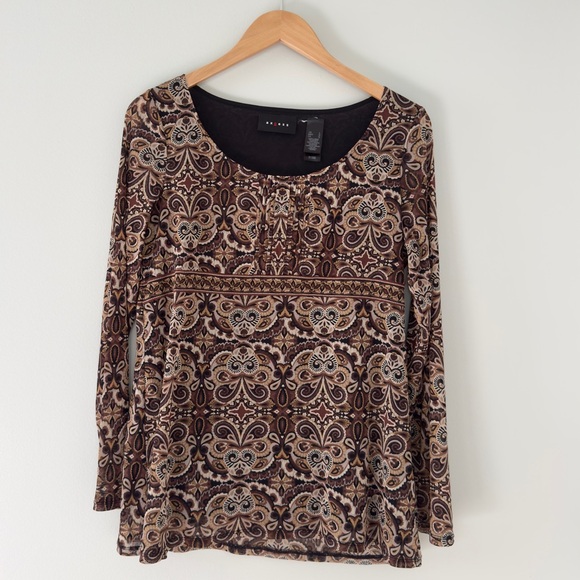 Axcess Brown Paisley Long Sheer Sleeve‎ Top - Picture 1 of 10